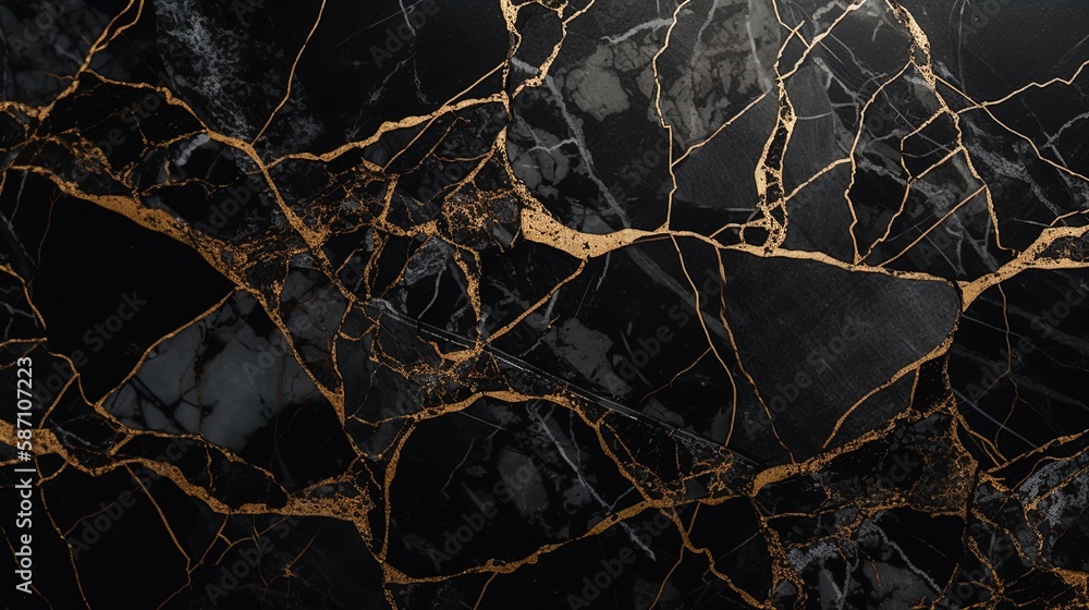 Elegant Kintsugi Art: Luminous Black Marble or Onyx Wallpaper ...