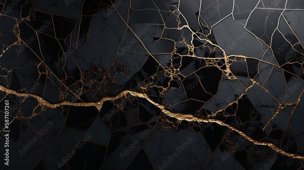 Elegant Kintsugi Art: Luminous Black Marble or Onyx Wallpaper ...