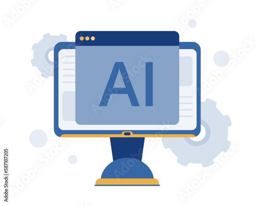 A computer monitor showing an analog window with artificial intelligence working. Robotic writing news publish and article creation with digital technology. Perfect vector graphics