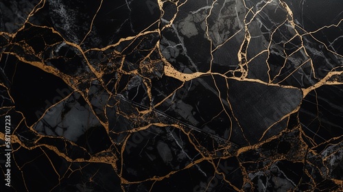Elegant Kintsugi Art: Luminous Black Marble or Onyx Wallpaper Background in 8K created with generative ai technology