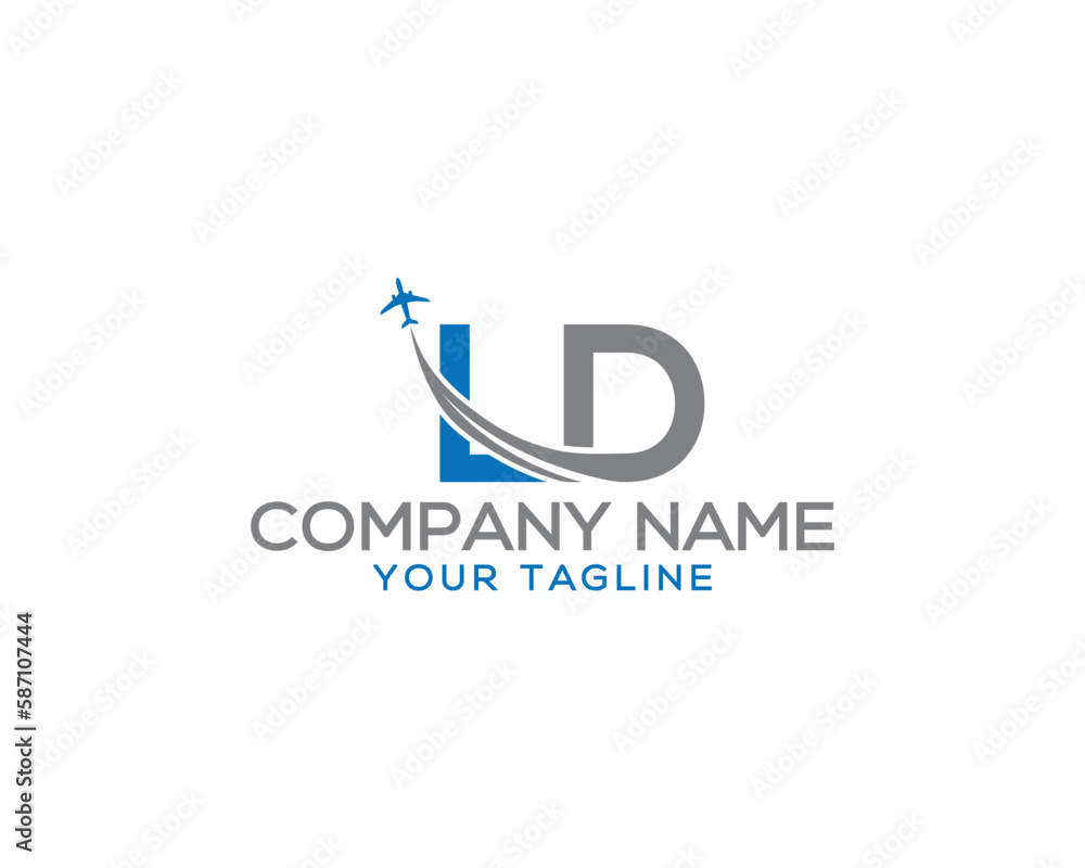 Letter LD with plane and airline unique logo design. Tourism, travel, airways identity and flight company creative vector icon.