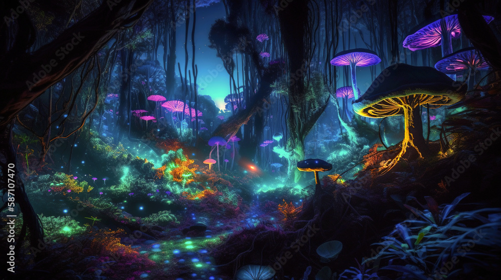 Vibrant Night Forest with Colorful Glowing Plants and Bright Shining Mushrooms, generative ai