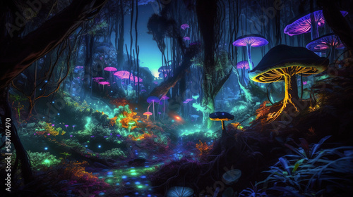 Vibrant Night Forest with Colorful Glowing Plants and Bright Shining Mushrooms  generative ai