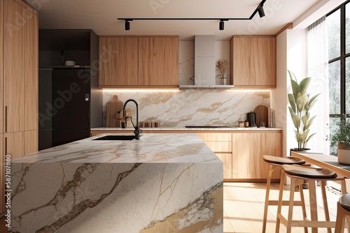 Japandi's stylish Scandinavian flat. Marble topped island in wooden kitchen. illustration. Generative AI