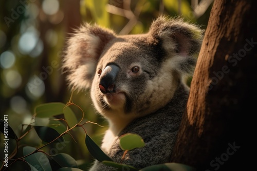 Beautiful Australian koala in a remote setting, perched on a eucalyptus tree, gazing upward. Generative AI