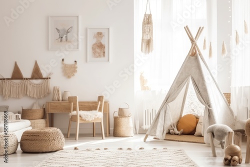 White kid room wall. Scandi boho interior mockup. Picture poster space. Console, rattan chair, toys, macrame. Baby friendly room. Generative AI