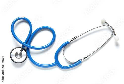 Modern stethoscope on white background