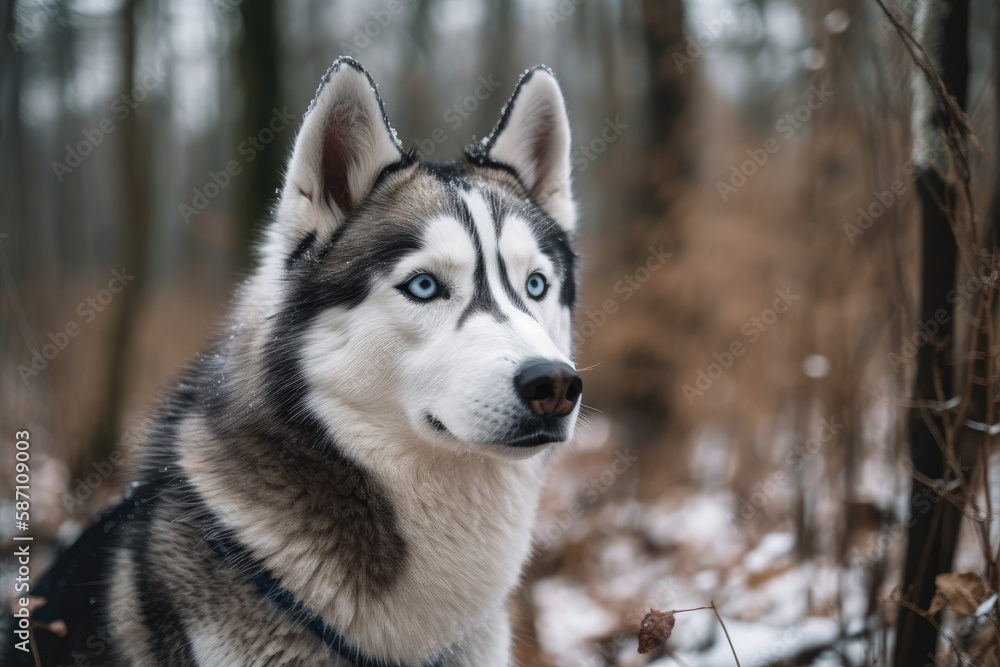 In the park, a lovely gray Siberian husky puppy. Generative AI