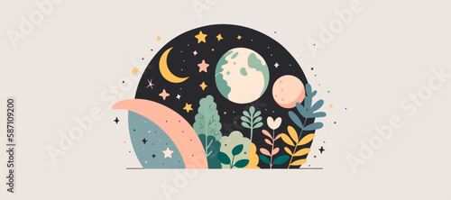 earth and the moon with plants around, ecology concept, illustration, nature