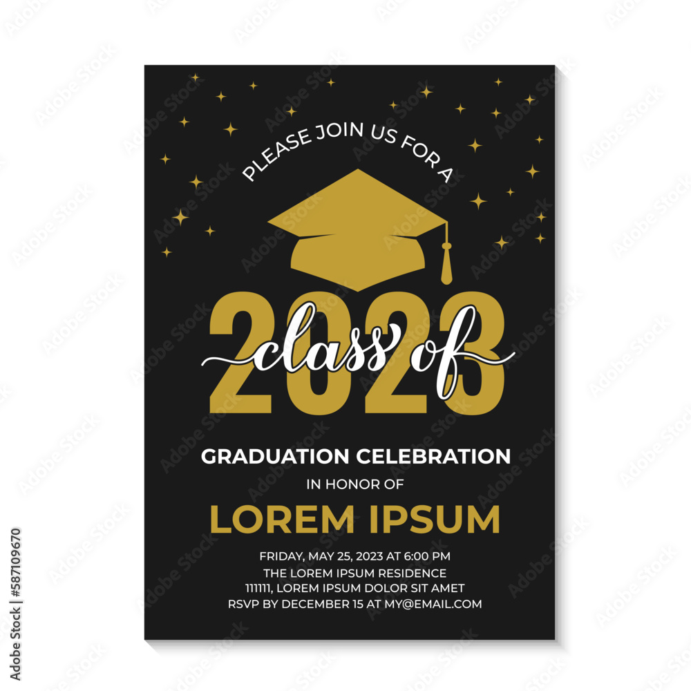 Graduation ceremony invitation card. Black and gold grad party invite. Graduation celebration announcement. Class of 2023 vector template
