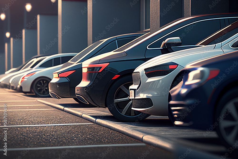 row of cars in parking lot. 3d rendering toned image generative ai