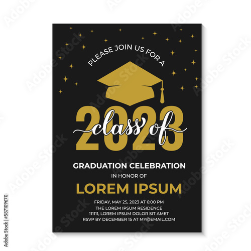 Obraz na płótnie Graduation ceremony invitation card. Black and gold grad party invite. Graduation celebration announcement. Class of 2023 vector template w salonie