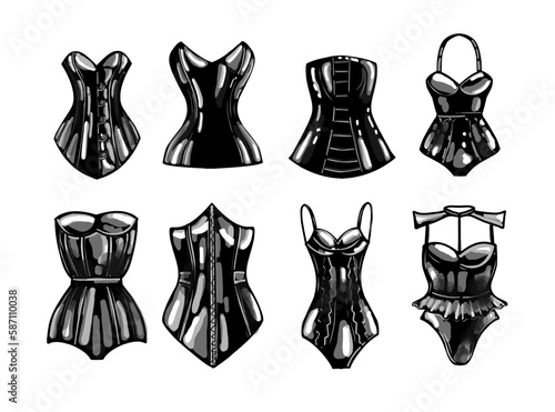 black latex. female corset. Leather underwear fetish