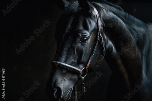 Incredible black stallion on a black background. Portrait in low light. Generative AI