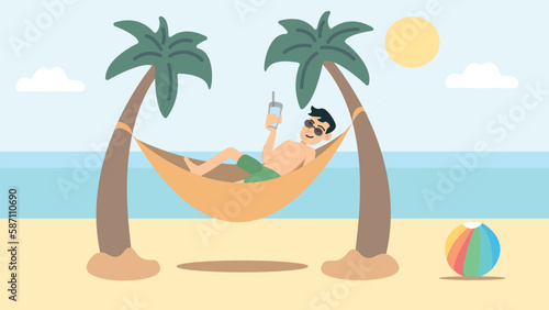 Young laying on the hammock and drinking cocktail in the beach stock illustration