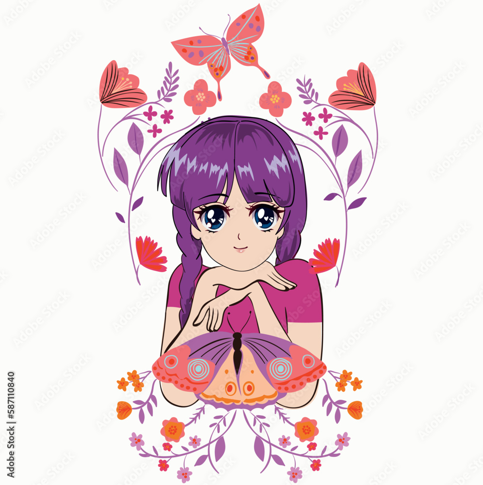 Anime Girl illustration. Vector graphic design for t-shirt. Beautiful girl drawing. Spring time with flowers.