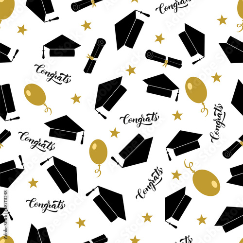 Obraz na płótnie Funny graduation seamless pattern. Caps thrown up. Grad ceremony backdrop. Vector template for fabric, textile, wallpaper, wrapping paper, etc. w salonie