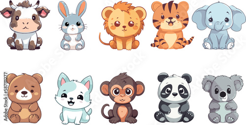 Set of cute animals cartoon character design.Elephant, Dog,cat,rabbit,bear,lion,cow,Tiger, monkey, panda, koala, Art, Kid book, Kawaii
