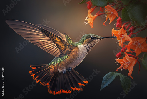 Hummingbird in Flight Feeds on Tropical Flowers. AI generated Illustration.