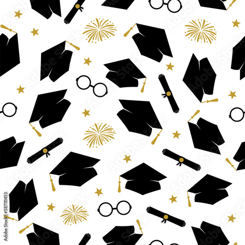 Funny graduation seamless pattern. Throwing caps and fireworks. Grad ceremony backdrop. Vector template for fabric, textile, wallpaper, wrapping paper, etc