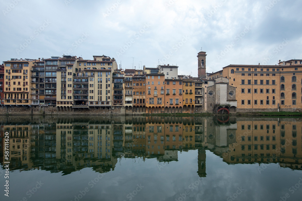 Group of house building in front of river Arno. Florence, Italy.