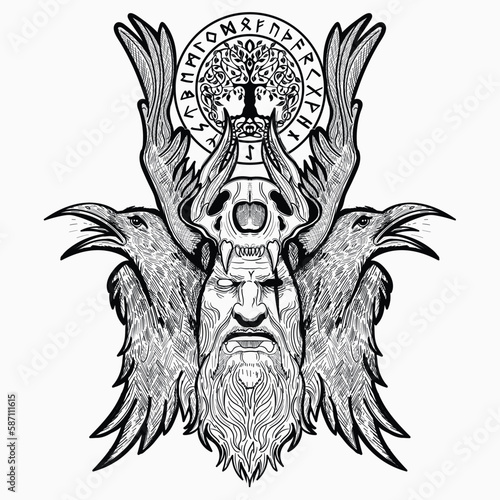 Scandinavian god Odin in viking helmet with two ravens black and white illustration 
