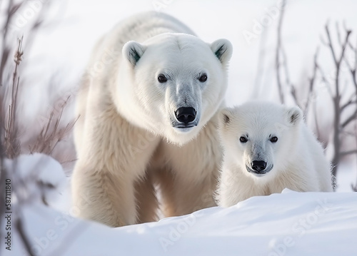 Polar Bear with Her Cub on Snow . AI generated Illustration.