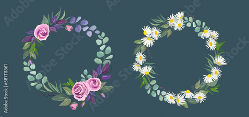 Meadow flowers round wreaths. Roses and chamomiles. Beautiful botanical decor