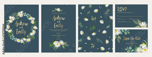 Wedding floral invitation with meadow flowers wreaths. Chamomile botanical decor. Save the Date card template. Green leaves, 
 eucalyptus branches and daisy flowers