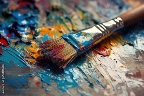 paintbrush resting on a colorful paint palette. Generative AI