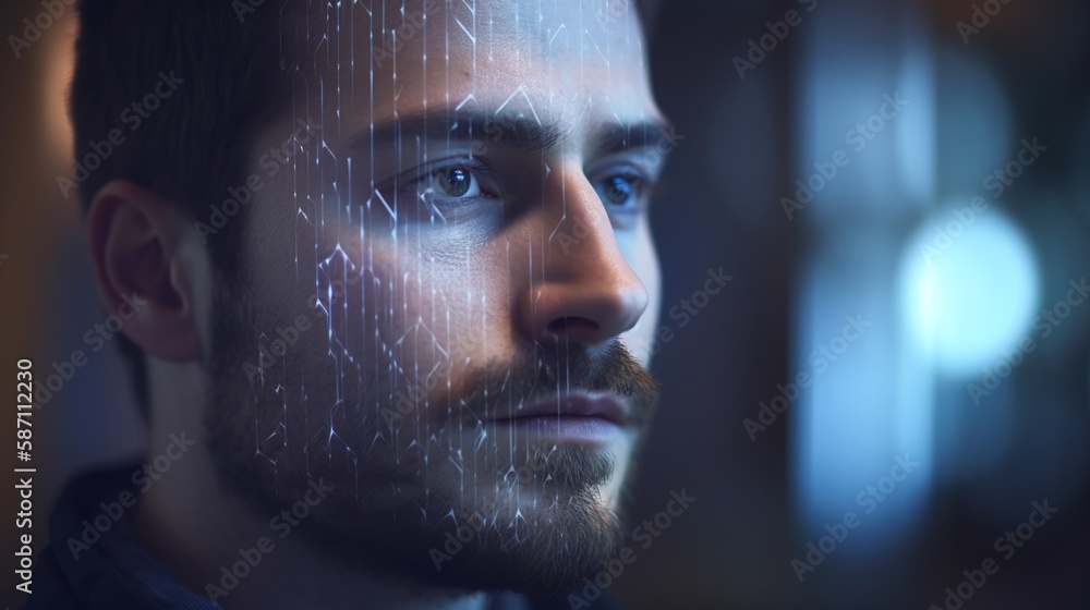 Fictional Person Looking Into Camera as a Graphical Representation of Facial Recognition Technology Generated by AI Fictional Person Looking Into Camera as a Graphical Representation of Facial Recognition Technology Generated by AI
