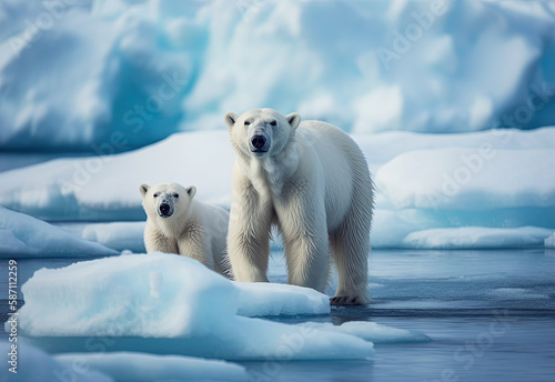 Polar Bear with Her Cub on Ice . AI generated Illustration.