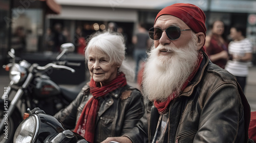 Photo of aged bikers gray hair man lady couple drive vintage motorbike traveling together feel young wearing rocker leather jacket, Generative AI