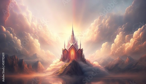 Abstract kingdom of heaven. Palace in the sky. Castle in the sky with sunset rays. © Fox Ave Designs