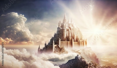 Abstract kingdom of heaven. Palace in the sky. Castle in the sky with sunset rays. photo
