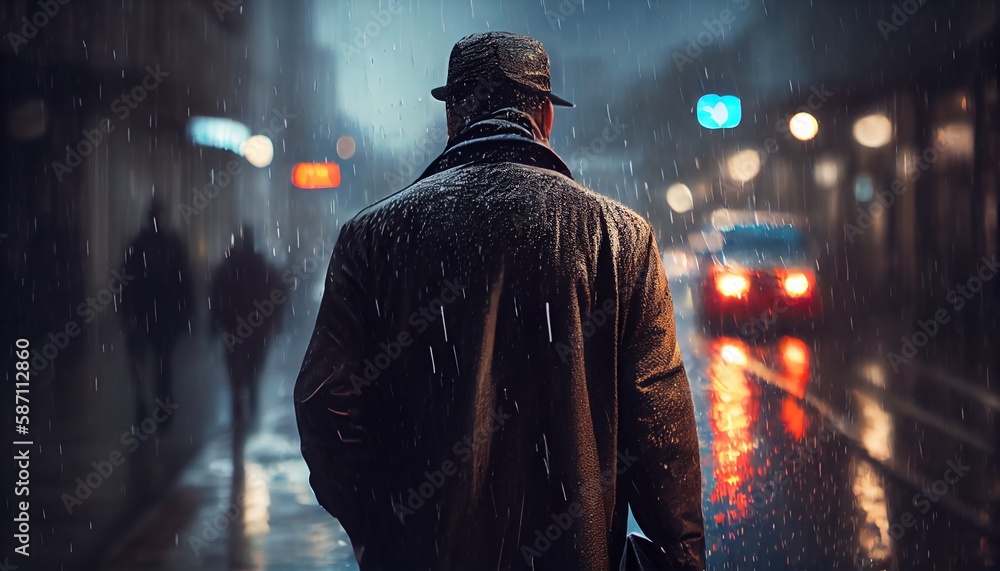 Silhouette of lonely person walks on dark foggy street illuminated with street lamps, cinematic toned. Silhouette of lonely person walks on dark foggy street illuminated with street lamps, cinematic toned.
