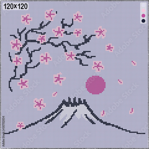 Pattern for cross stitch or knitting - minimalistic spring landscape in Japanese style - tree branch with flowers