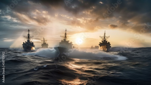 Naval warships. Uboats in a active combat zone. Battleships in the navy. Military at sea. photo