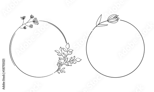Wedding frames with flowers and branches isolated. Set of circular round floral wreaths with hand-drawn leaves for invitation card, template, postcards, logo, decoration, design, wedding, funeral.