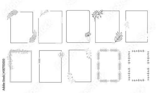 Frames with flowers and leaves isolated. Hand drawn wedding ornaments, wreaths for logo, text, card, and invitation. Collection of rectangular floral wreaths with branches and leaves.