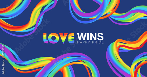 Love wins HAPPY PRIDE banner for festival parades, parties, and social events. 3D abstract rainbow wave objects on navy blue background. Vector illustration template.