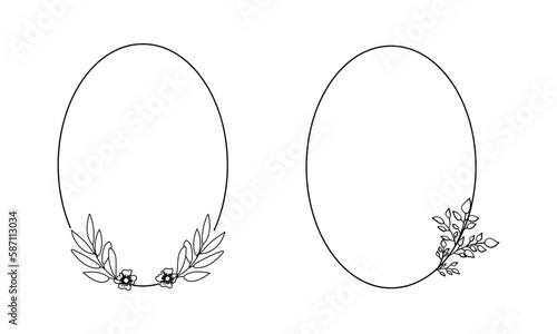 Wedding frames with flowers and branches isolated. Set of circular oval floral wreaths with hand-drawn leaves for invitation card, template, postcards, logo, decoration, design, wedding, funeral.