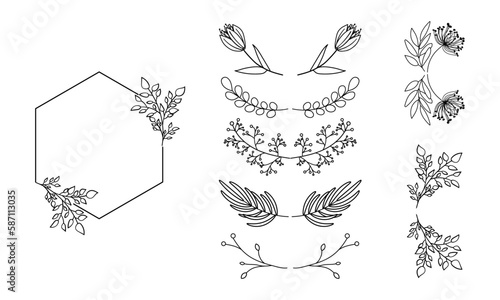 Collection of hand-drawn floral wreaths with tree branches and leaves isolated on a white background. Frames wedding, funeral invitations, cards, decorations, logos, emblems, rewards, templates.