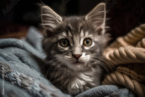 Looking at the camera is a gray kitty on a brown blanket holding a toy in his hands. Generative AI