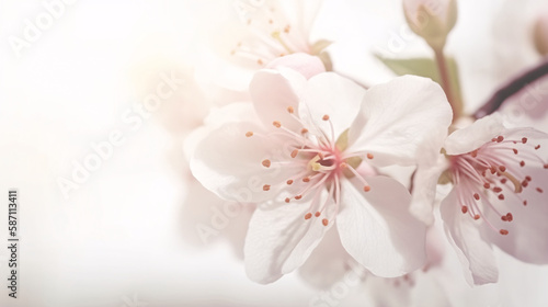 cherry blossom close up on a soft white background  ai generative art  cherry branch  soft colors