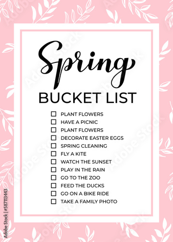 Spring bucket list. Funny things to do checklist. Seasonal activity planner page. Seasonal wish list. Easy to edit vector template