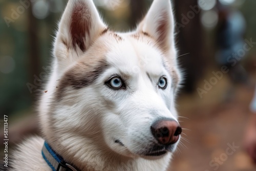 Close up of a Siberian Husky portrait. Picture taken at a park. Generative AI