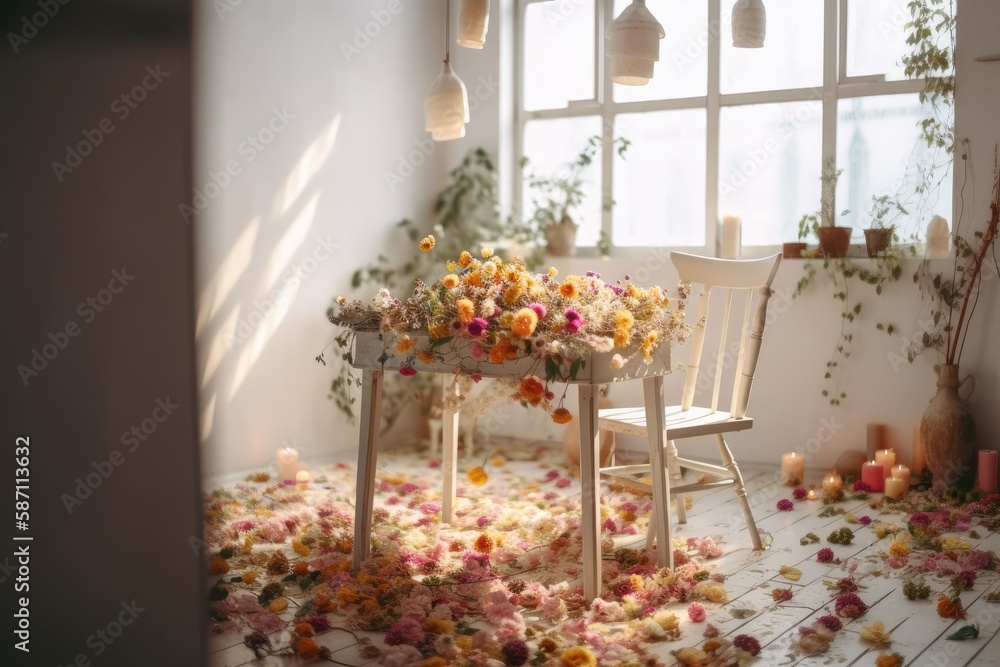 Wooden chair at flower covered table with light in plain white decor with poster. Generative AI