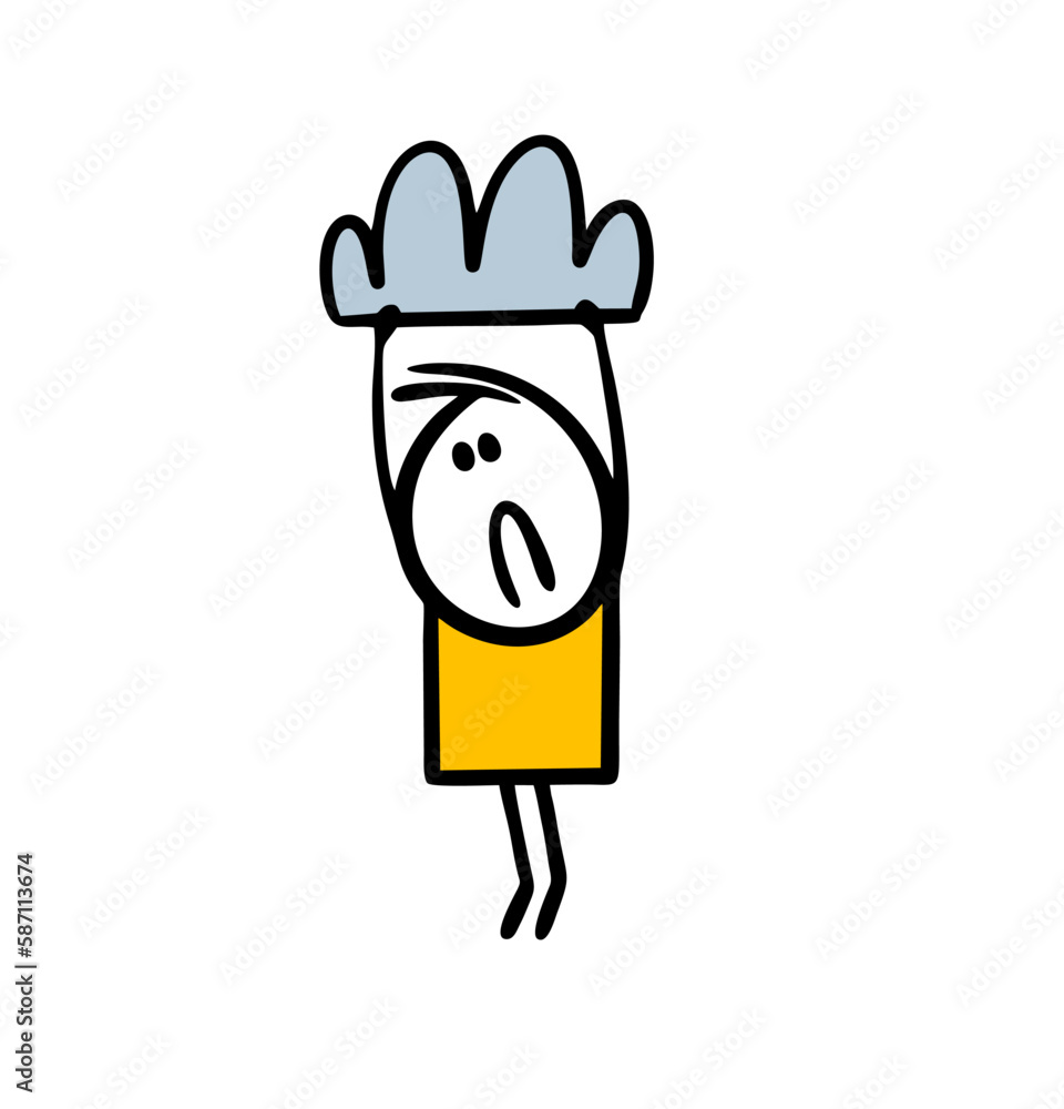 Sad stickman hangs in a depressed state on a cloud and looks down sadly. Sad stickman hangs in a depressed state on a cloud and looks down sadly.