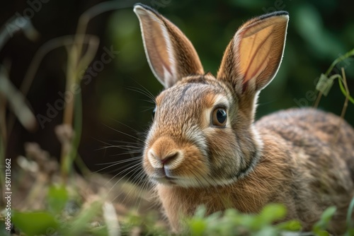 Cute pet rabbit in close up photograph on summer's lush grass. Generative AI